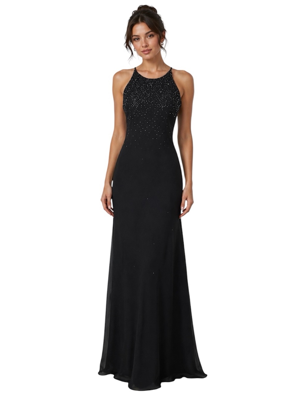 Cachet Black Beaded Halter Evening Dress.